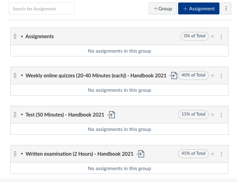 Canvas assignments page showing assignments imported from Handbook