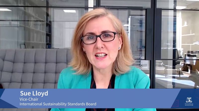 Sue Lloyd (Vice-Chair of International Sustainability Standards Board) presents to camera with University-branded title card across the lower third.