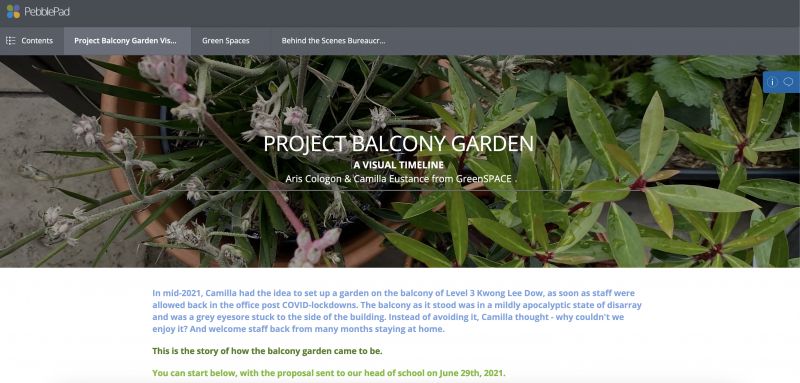Landing page of Green Space ePortfolio, entitled Project Balcony Garden