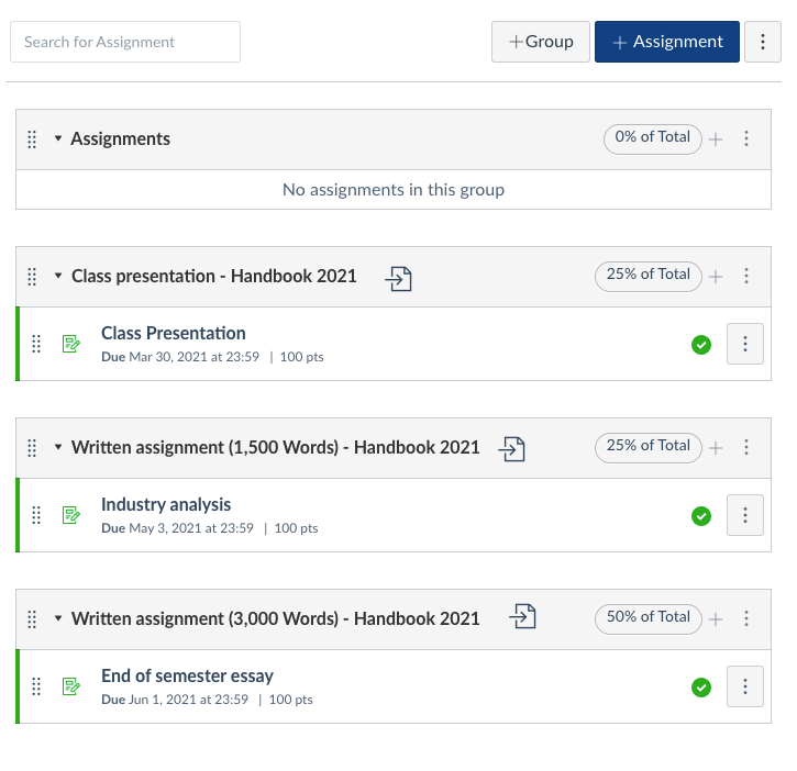 Canvas assignments page showing assignment groups from Handbook and assignment submission points