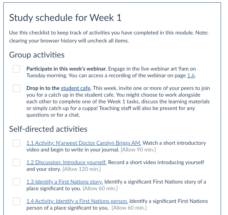 The weekly study schedule guides the students through the online materials