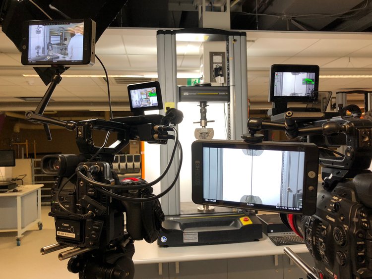 Film equipment set up for a practical demonstration in the engineering lab.