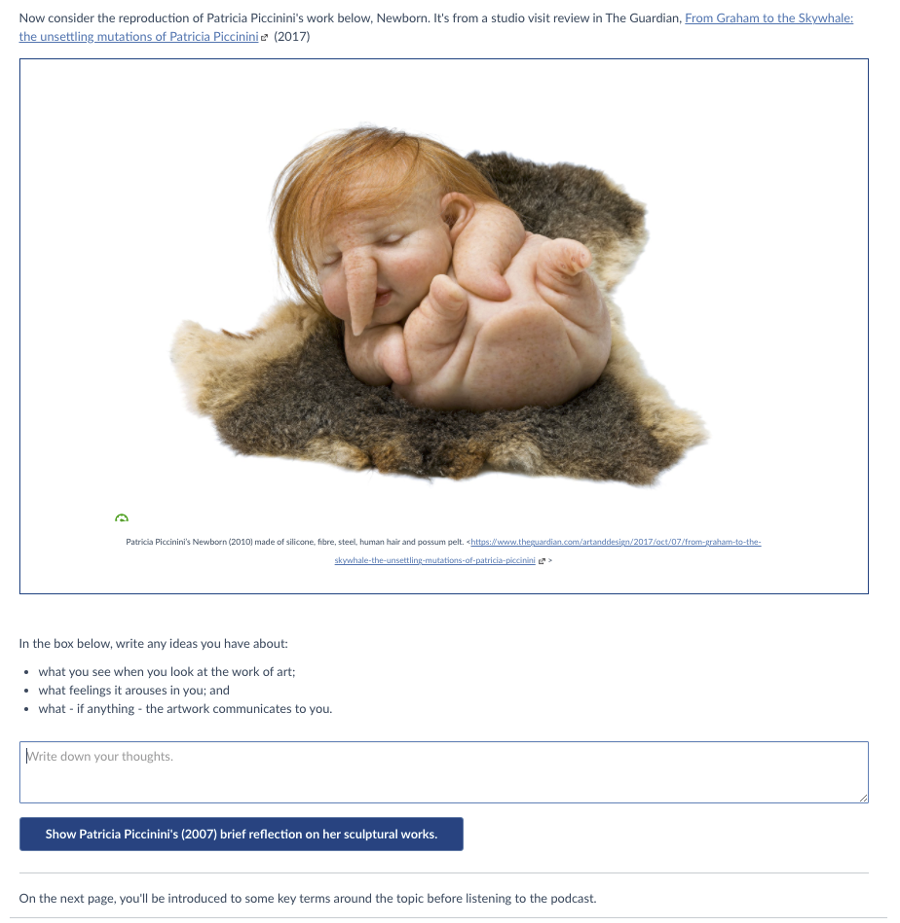 Excerpt from Contemporary Art and Biomedicine: Looking Making Thinking LMS page featuring Patricia Piccinini work and activity